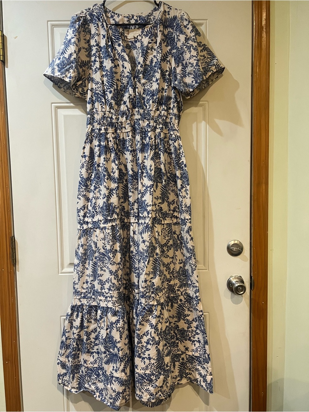 Anthropologie Blue and Cream Floral Tiered Maxi Dress Size XL